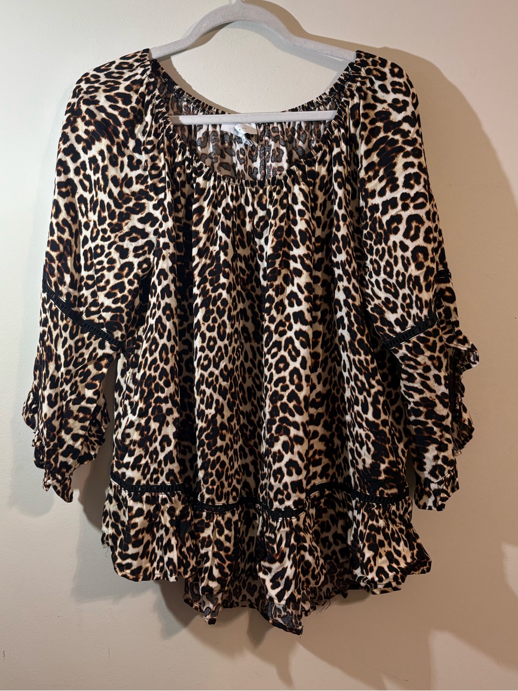 Fever Blouse Women's Large Leopard Print Layered Ruffled Hem Black Lace Trim Top
